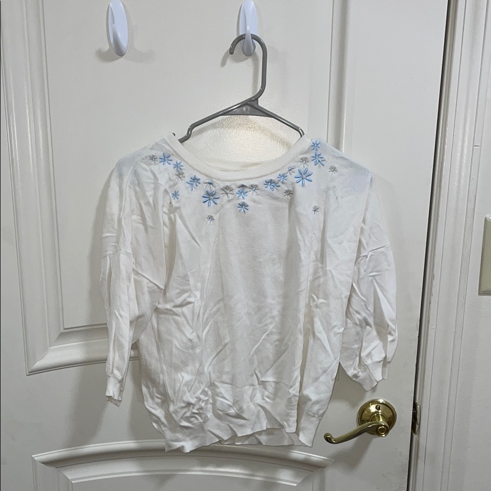 Japanese Blue Embellished White Blouse with Flutter Sleeves and 3/4 Length